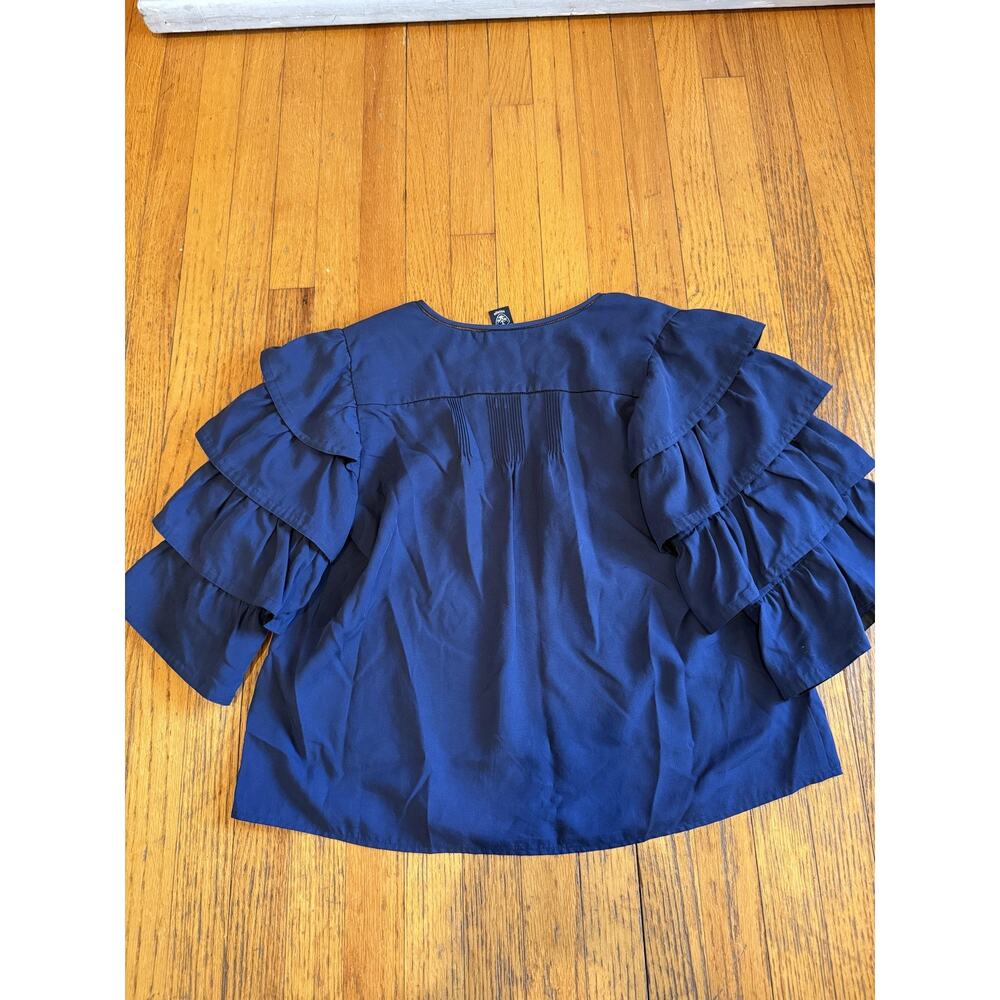 Scotch & Soda Maison Scotch Shirt Womens Medium Navy Blue Ruffle Sleeve V Neck - Picture 6 of 6